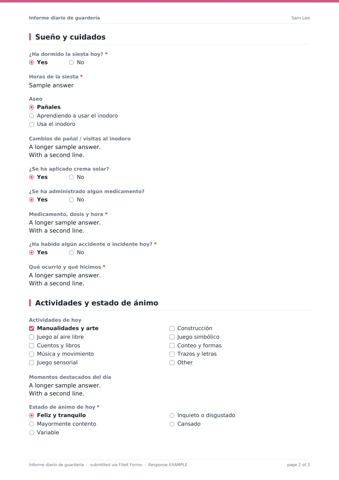 Informe diario de guardería — PDF de respuesta de ejemplo, página 2 de 3