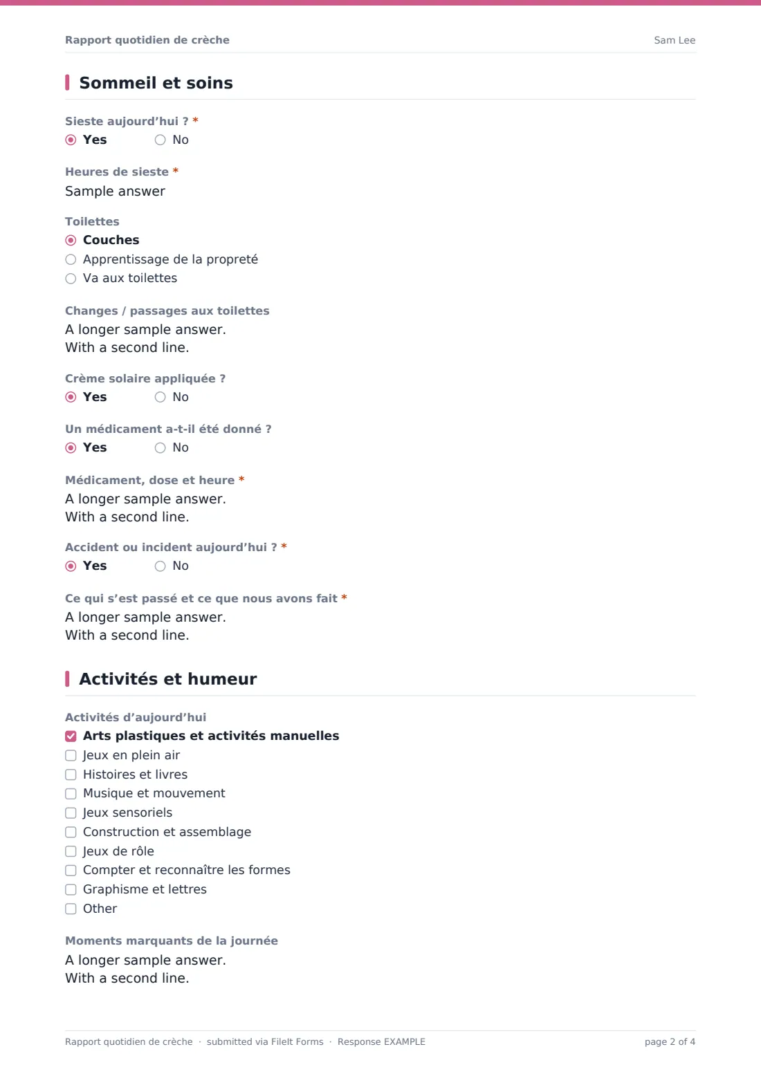 Rapport quotidien de crèche — exemple de réponse au format PDF, page 2 sur 4