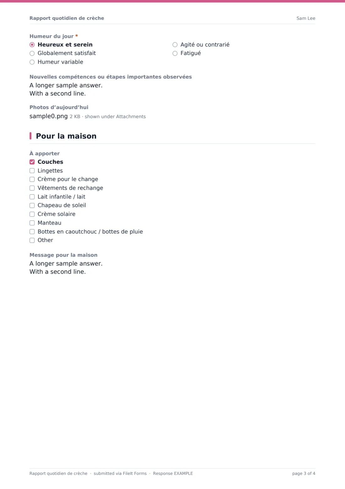 Rapport quotidien de crèche — exemple de réponse au format PDF, page 3 sur 4