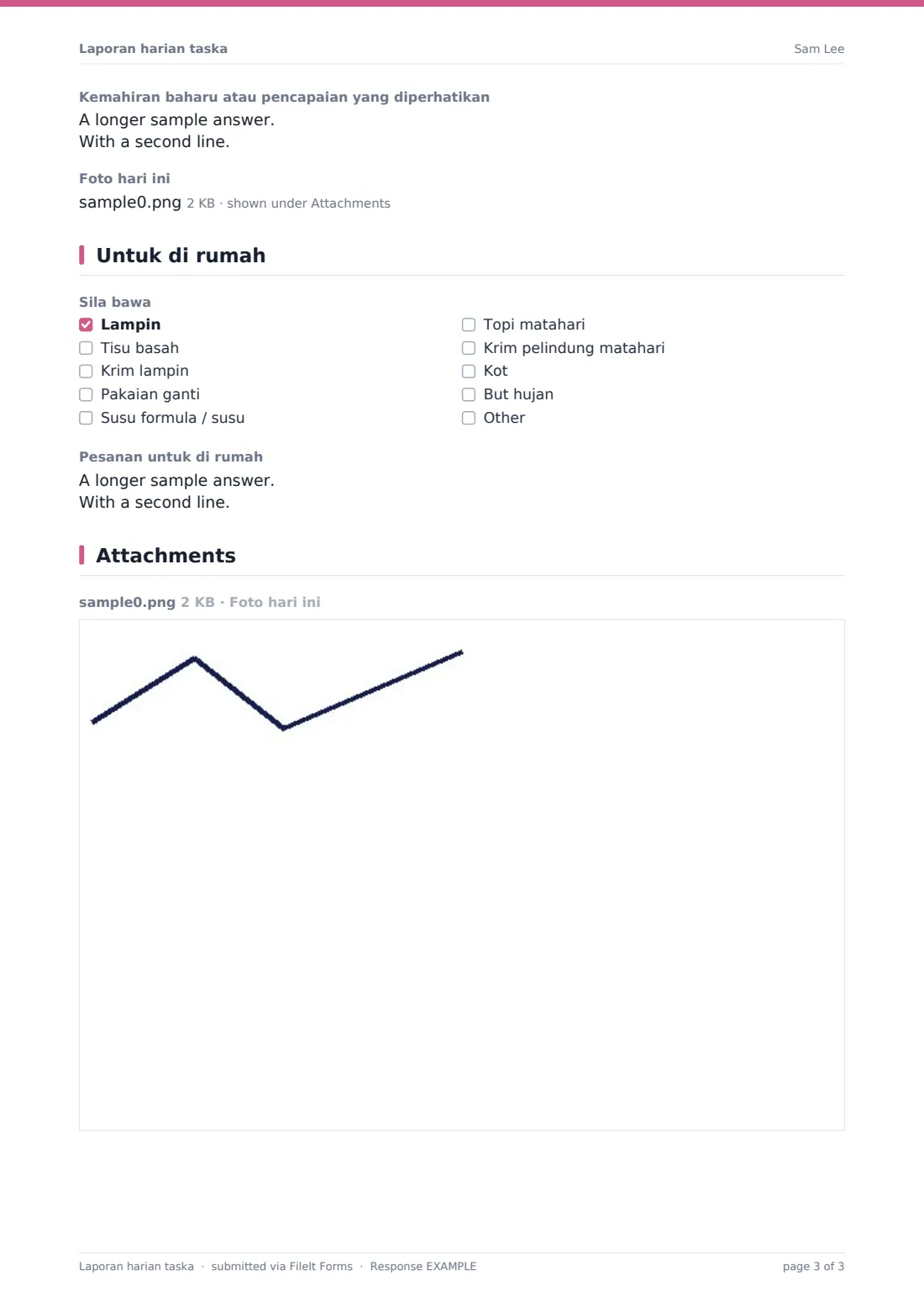 Laporan harian taska — PDF respons contoh, halaman 3 daripada 3
