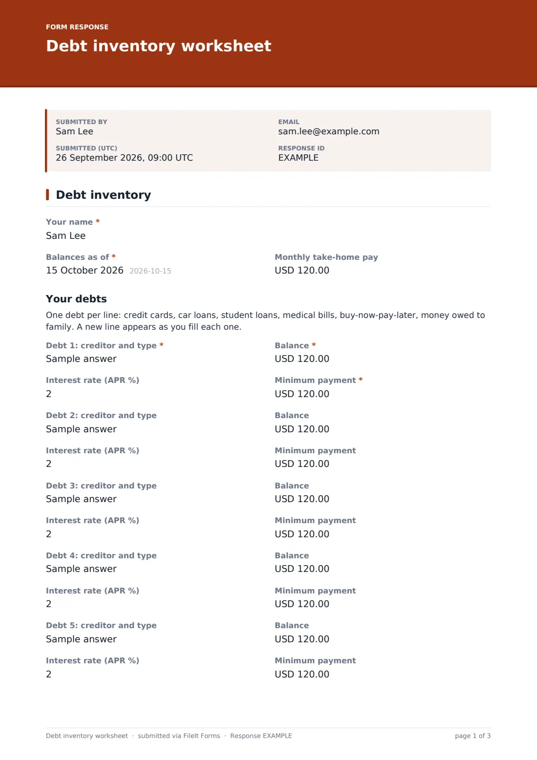 Debt inventory worksheet — example response PDF, page 1 of 3