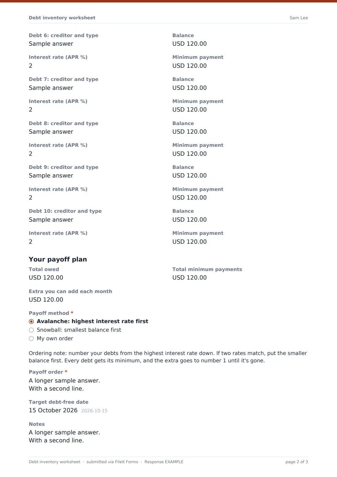 Debt inventory worksheet — example response PDF, page 2 of 3