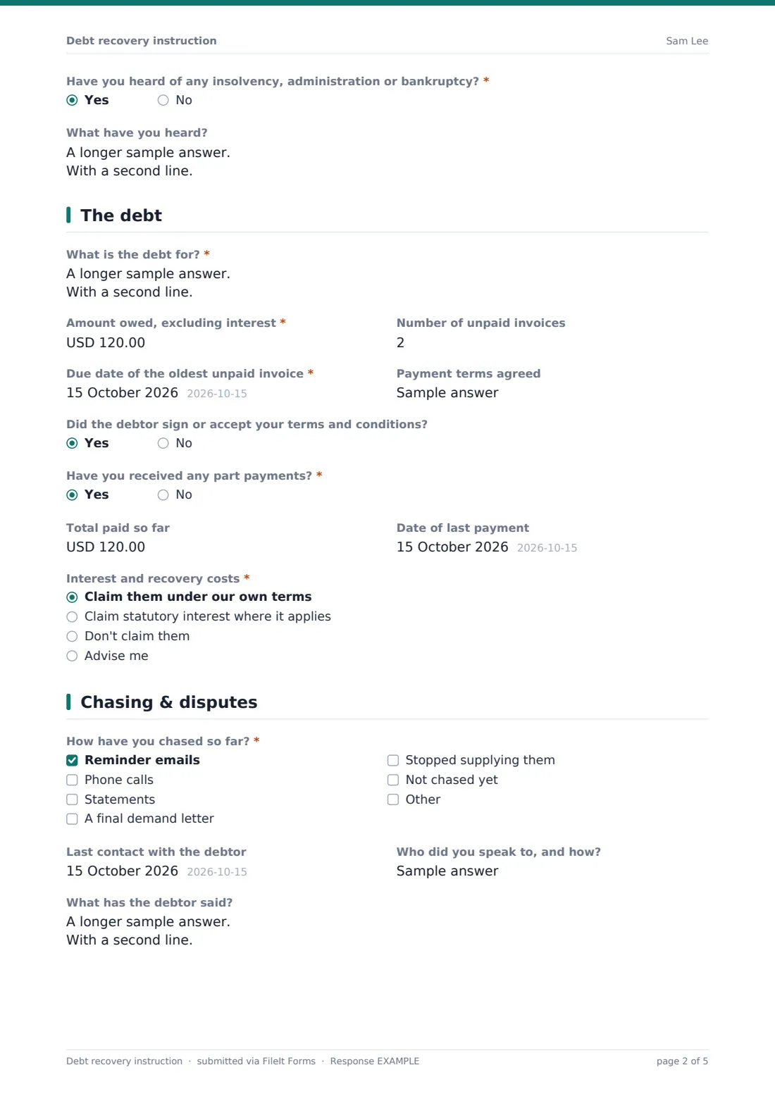 Debt recovery instruction — example response PDF, page 2 of 5