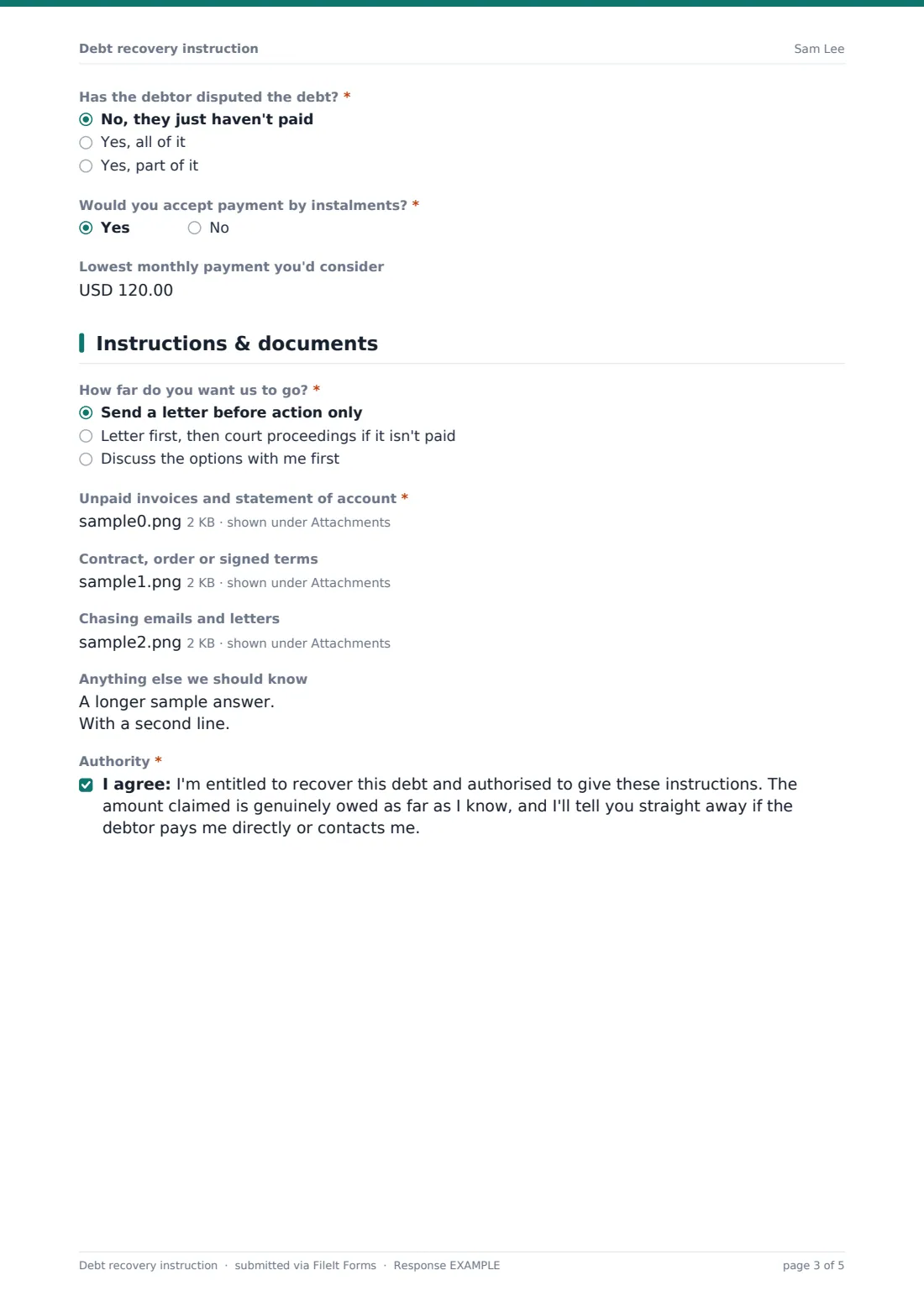 Debt recovery instruction — example response PDF, page 3 of 5