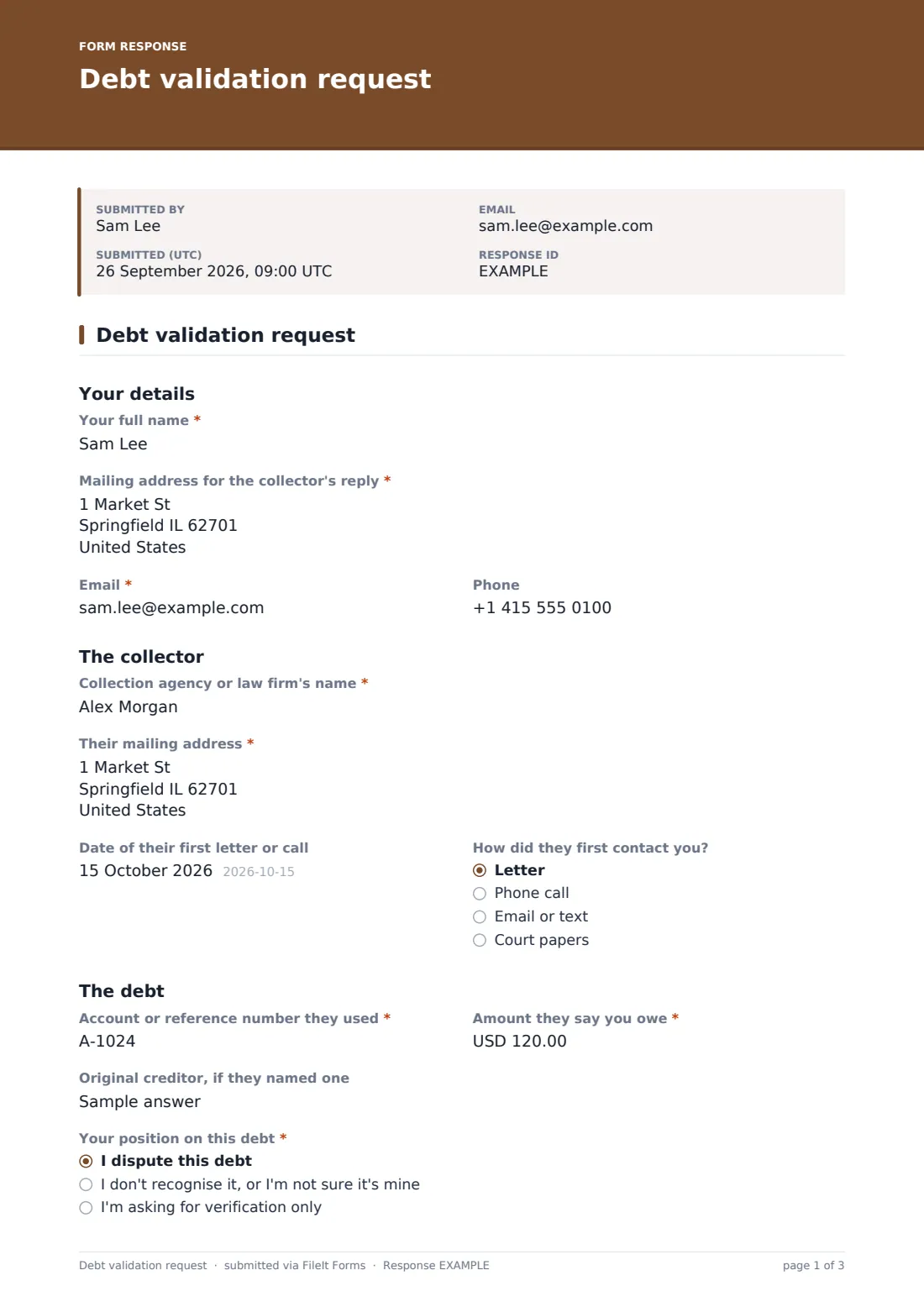 Debt validation request — example response PDF, page 1 of 3