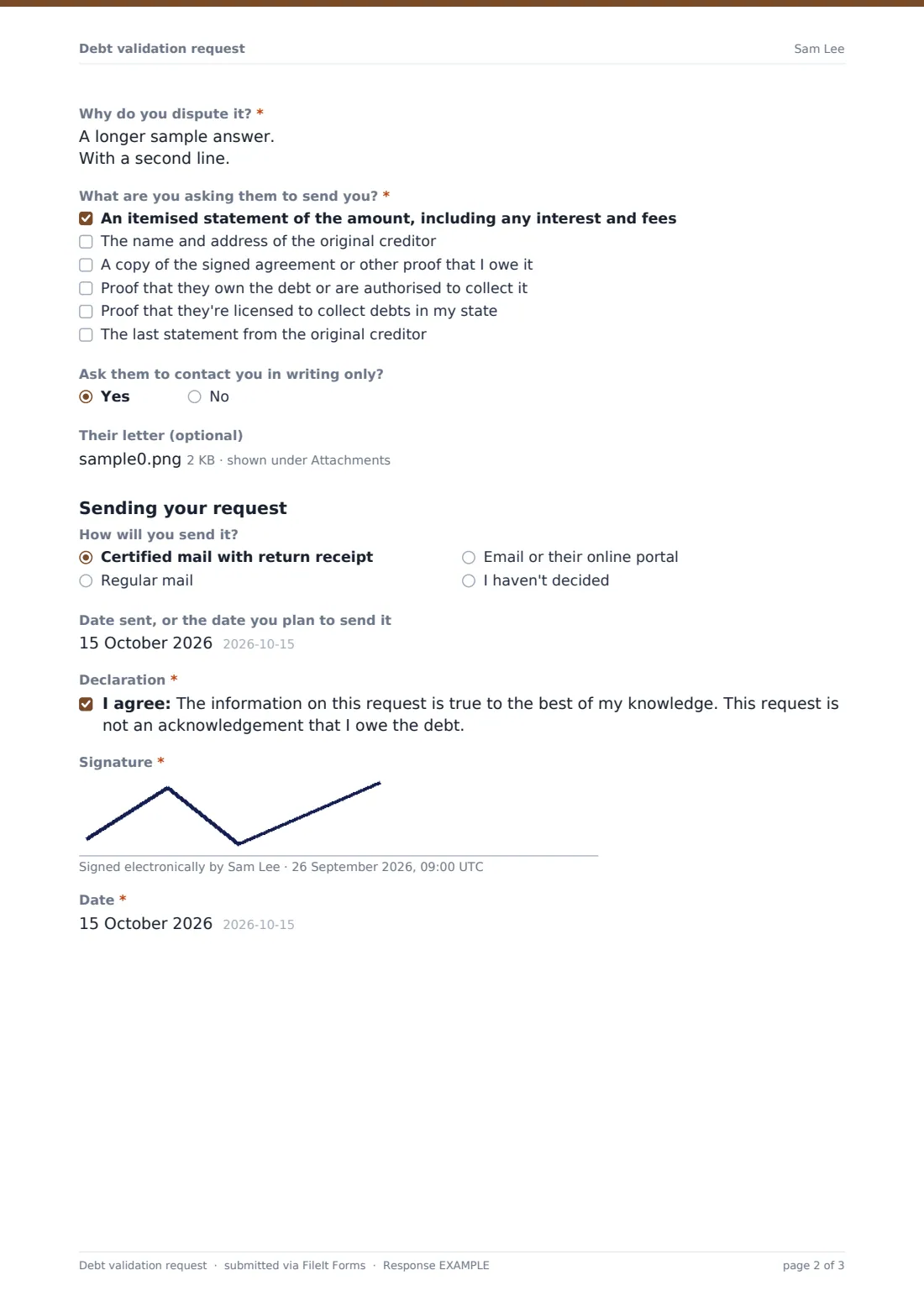Debt validation request — example response PDF, page 2 of 3