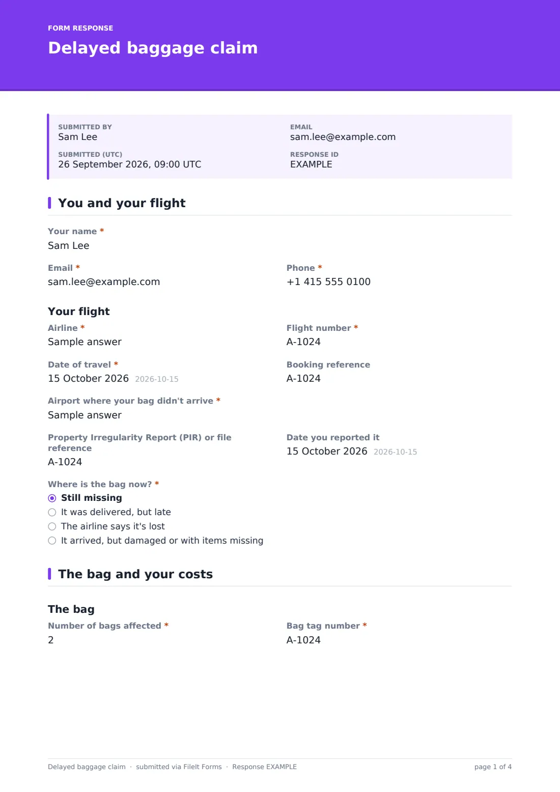 Delayed baggage claim — example response PDF, page 1 of 4
