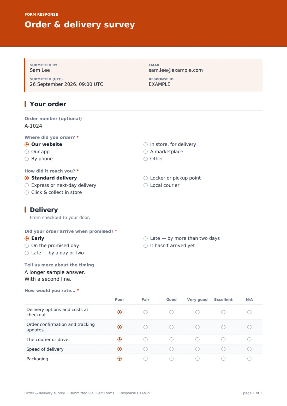 Order & delivery survey — example response PDF, page 1 of 2
