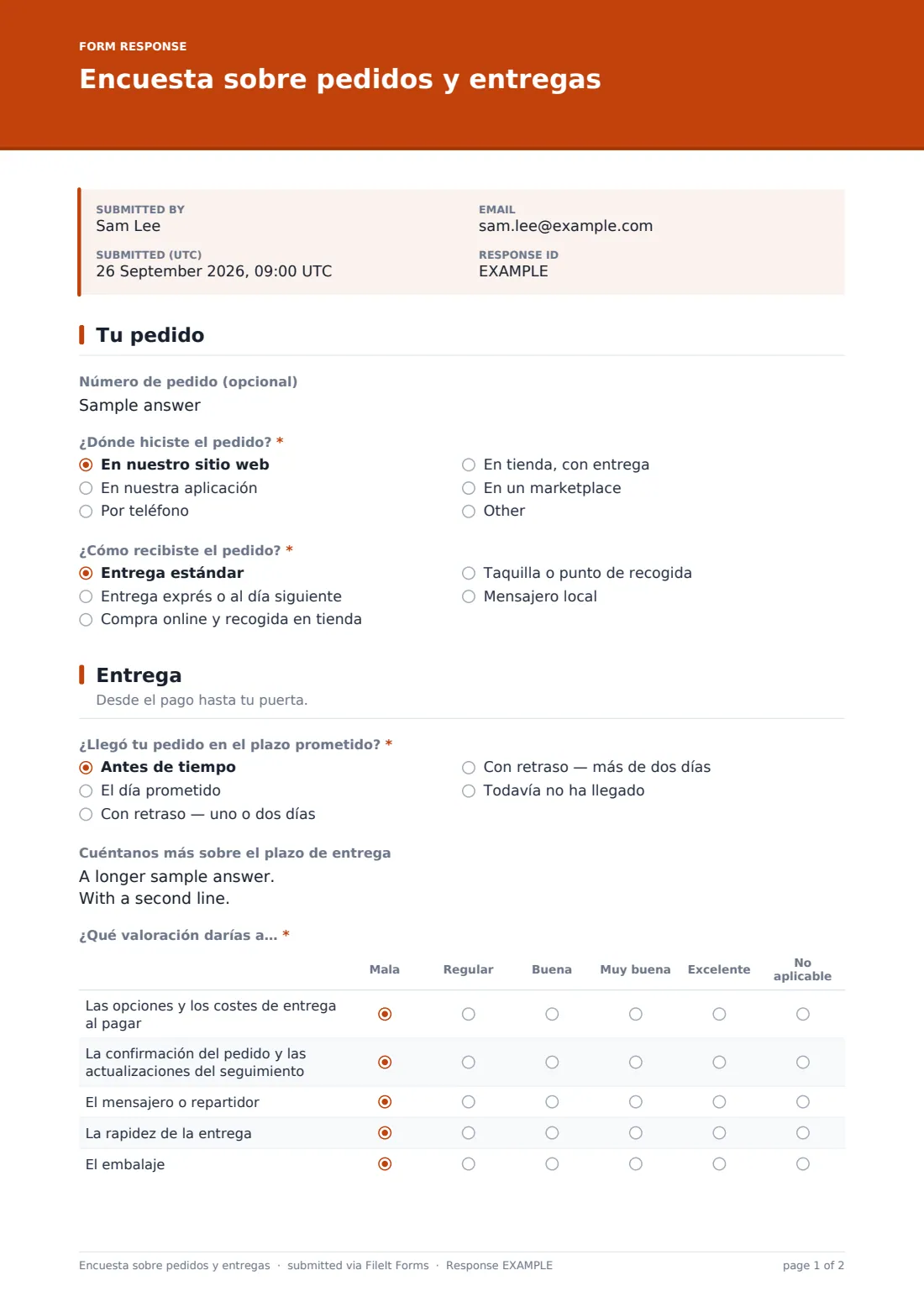 Encuesta sobre pedidos y entregas — PDF de respuesta de ejemplo, página 1 de 2