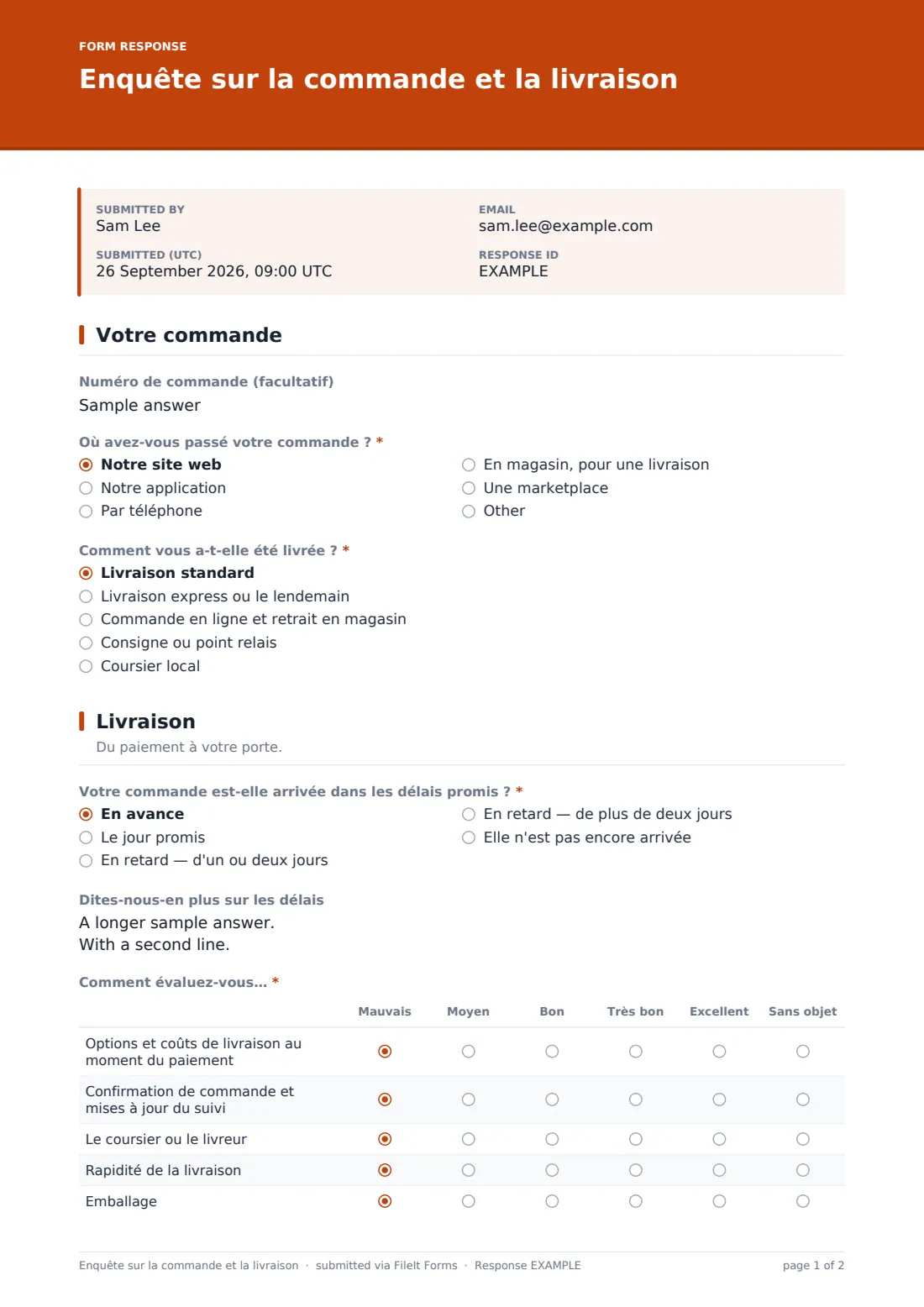 Enquête sur la commande et la livraison — exemple de réponse au format PDF, page 1 sur 2