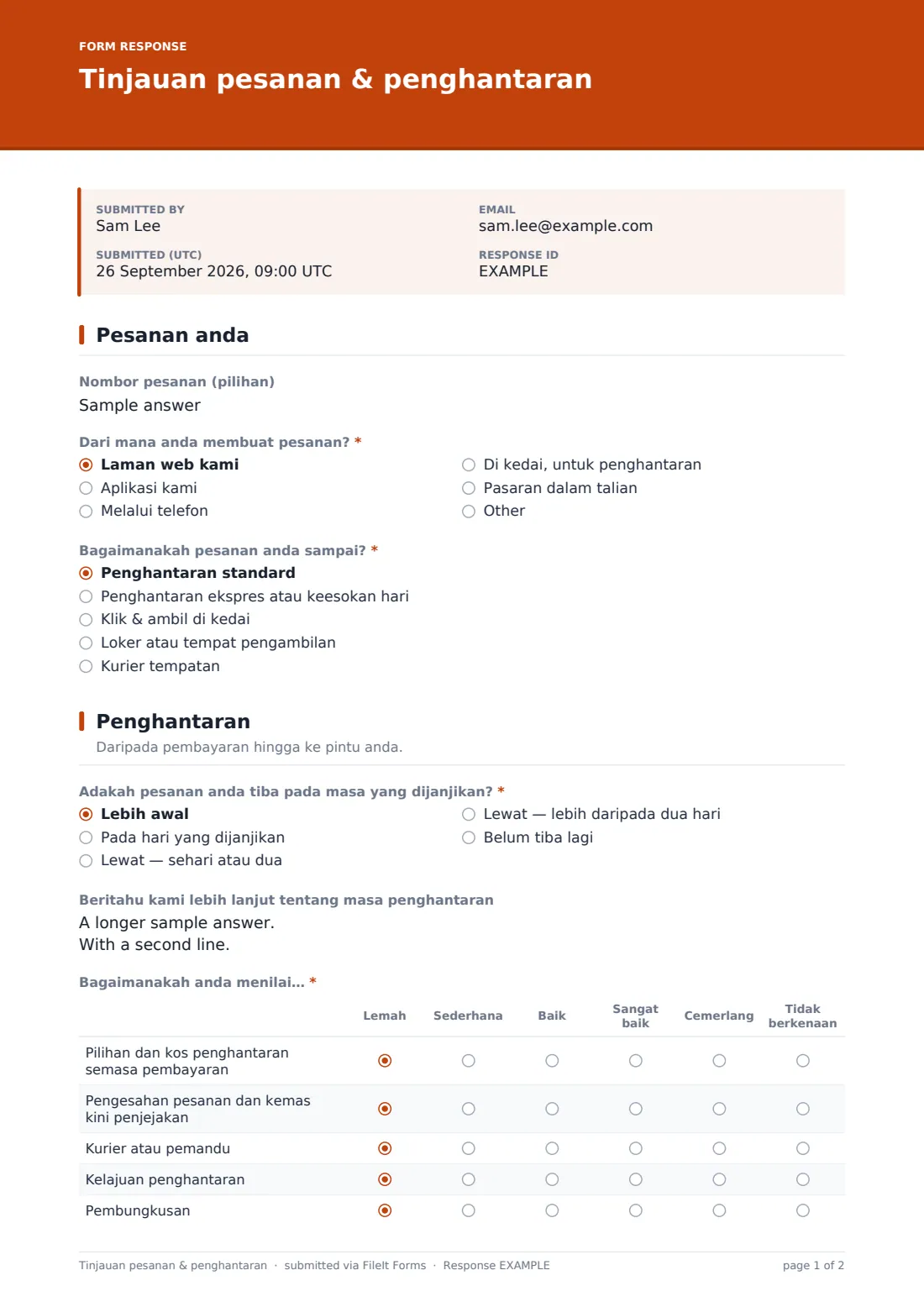Tinjauan pesanan & penghantaran — PDF respons contoh, halaman 1 daripada 2