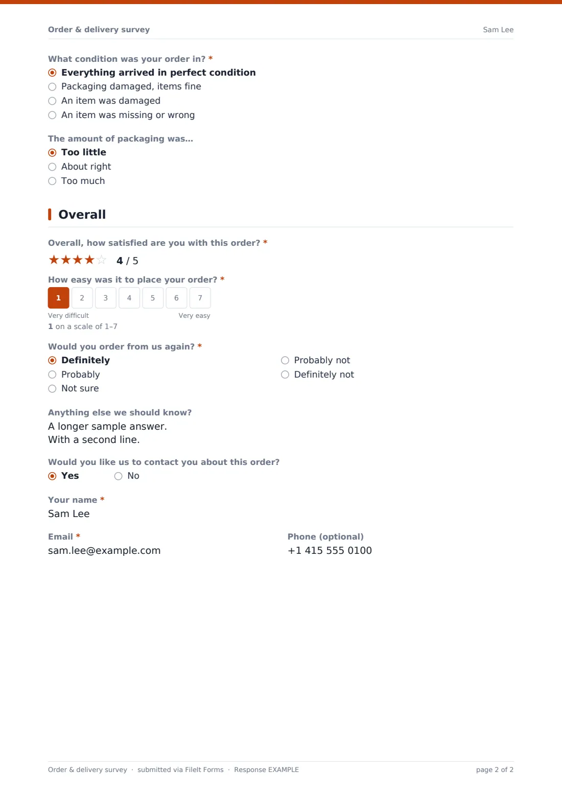 Order & delivery survey — example response PDF, page 2 of 2