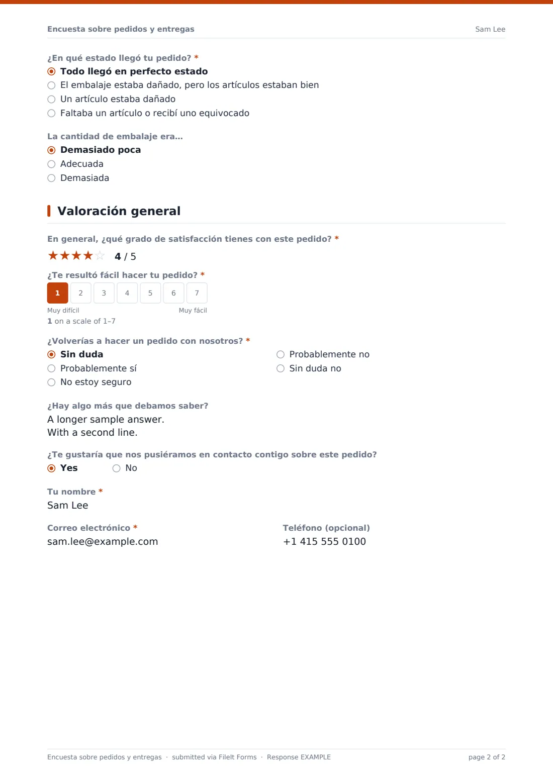 Encuesta sobre pedidos y entregas — PDF de respuesta de ejemplo, página 2 de 2