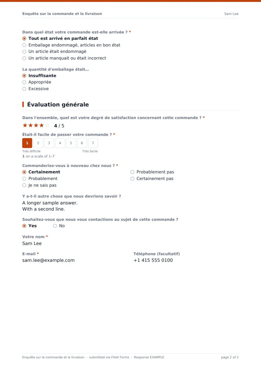 Enquête sur la commande et la livraison — exemple de réponse au format PDF, page 2 sur 2