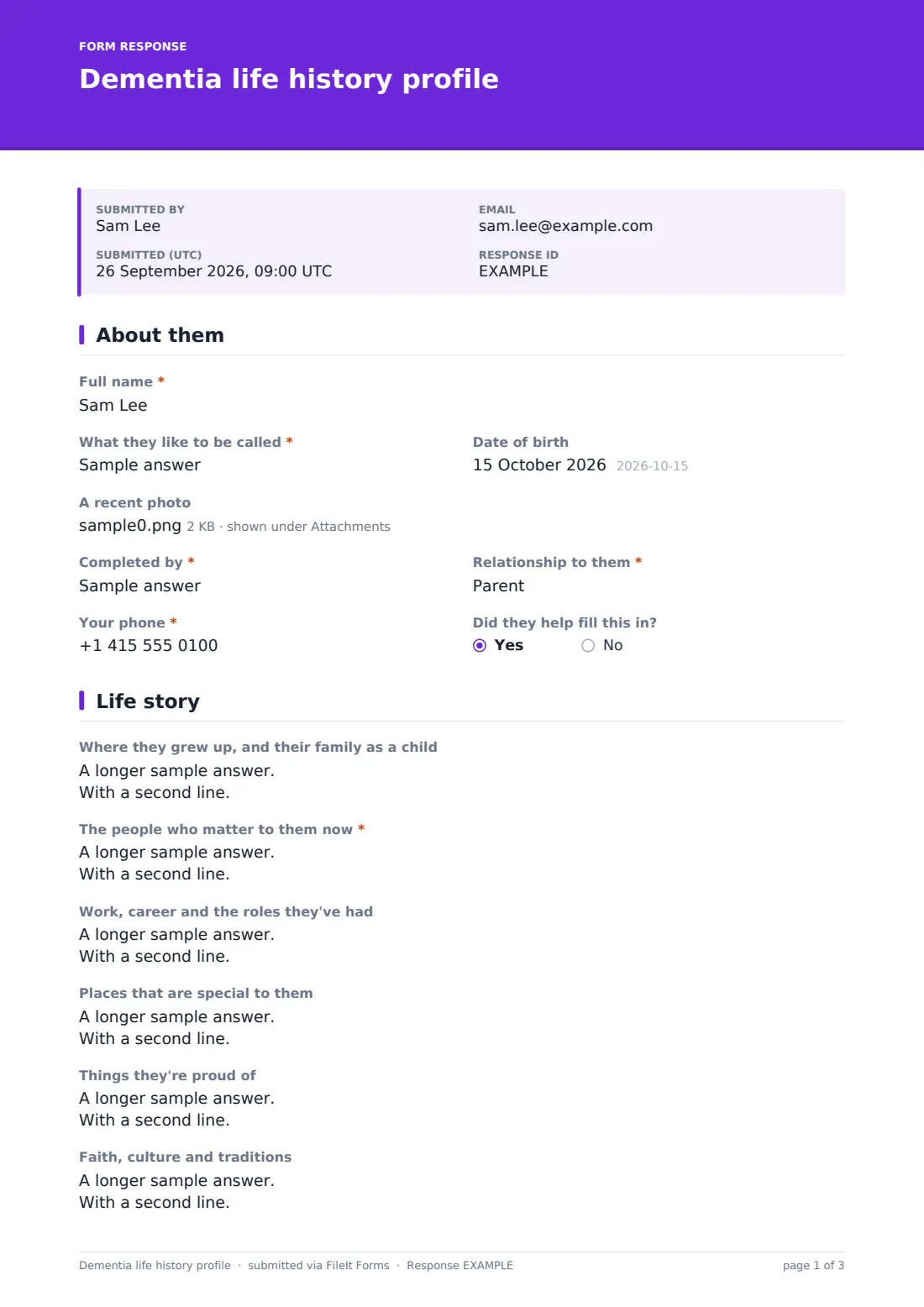 Dementia life history profile — example response PDF, page 1 of 3