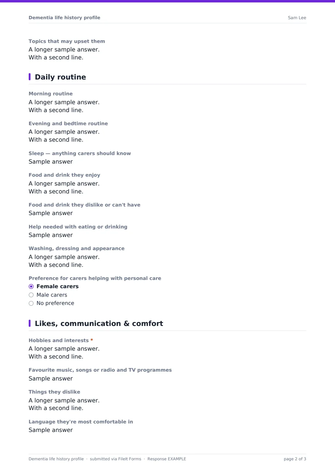 Dementia life history profile — example response PDF, page 2 of 3