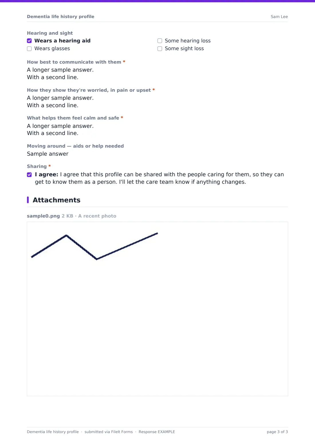 Dementia life history profile — example response PDF, page 3 of 3