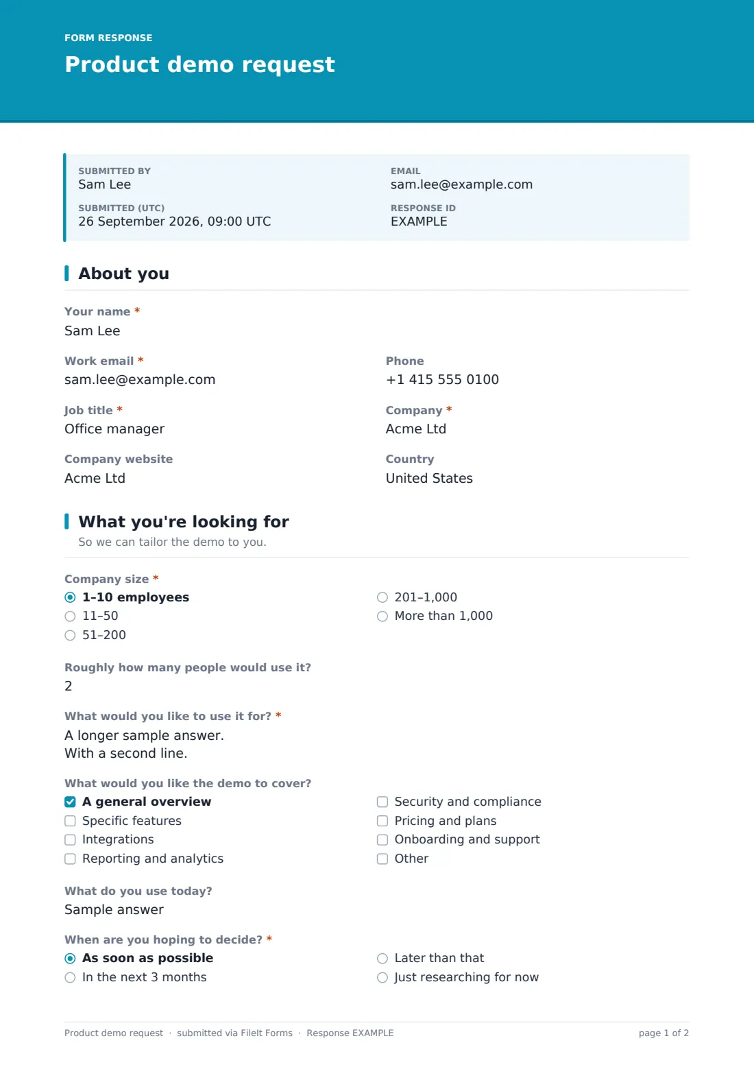 Product demo request — example response PDF, page 1 of 2