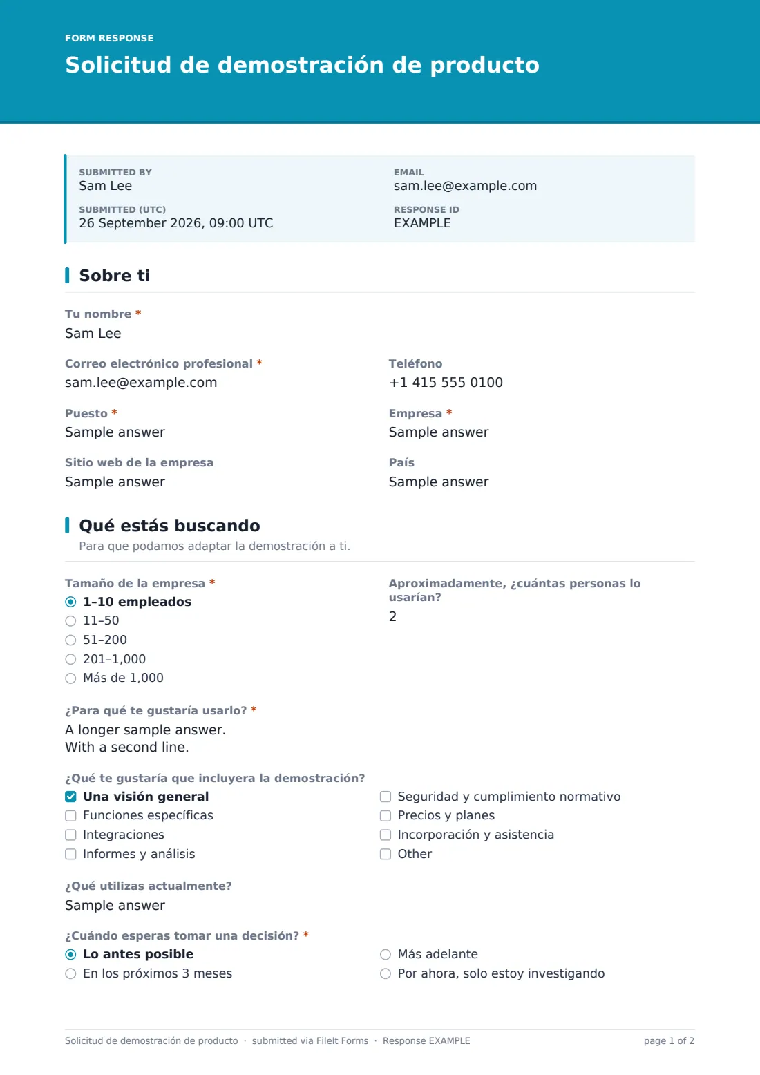 Solicitud de demostración de producto — PDF de respuesta de ejemplo, página 1 de 2