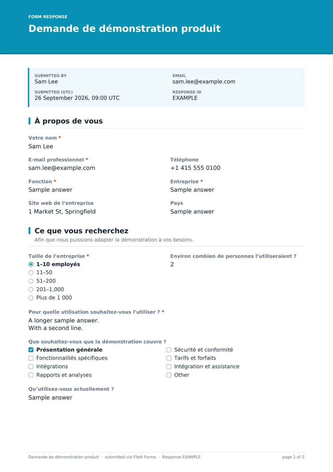 Demande de démonstration produit — exemple de réponse au format PDF, page 1 sur 2