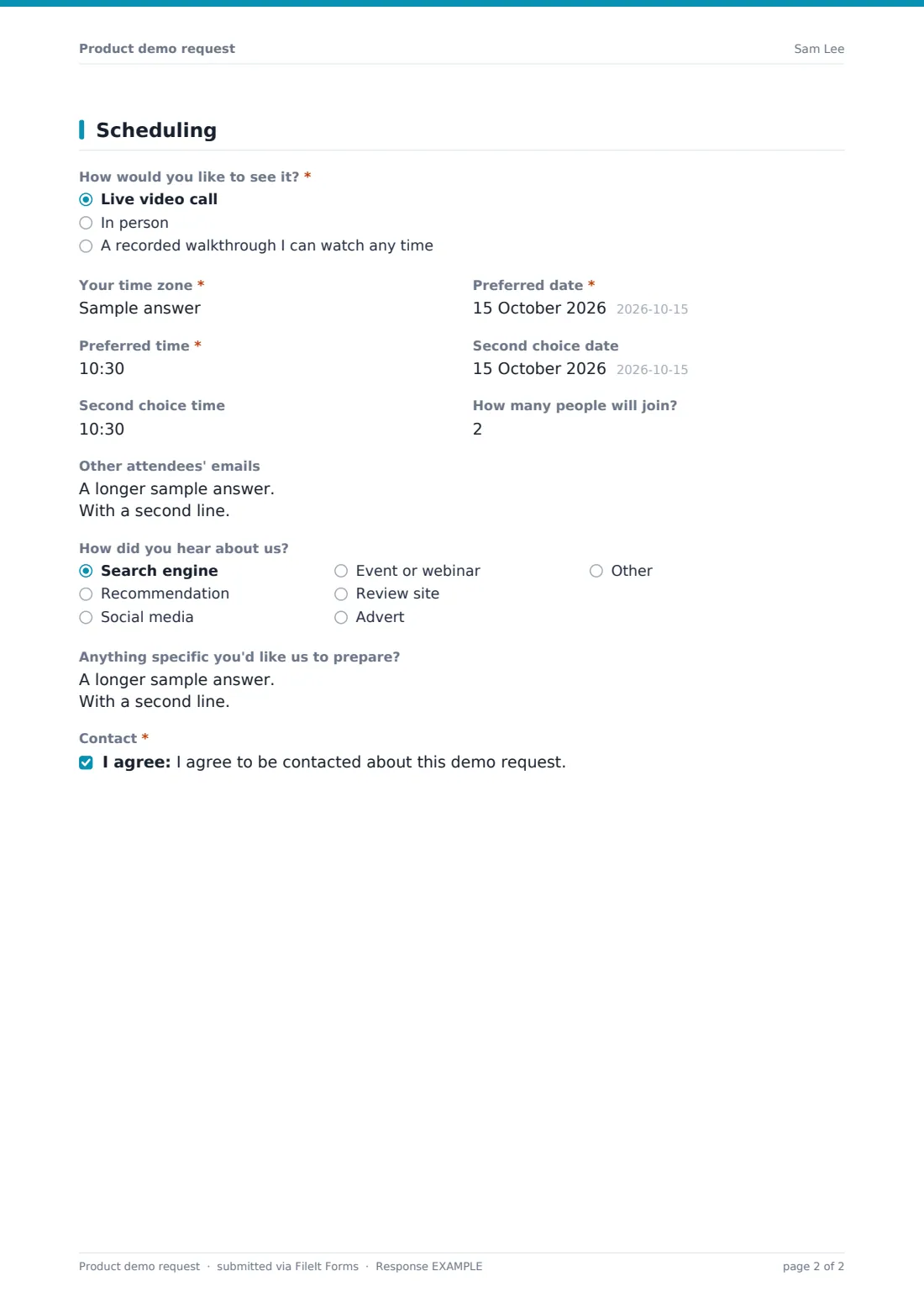 Product demo request — example response PDF, page 2 of 2