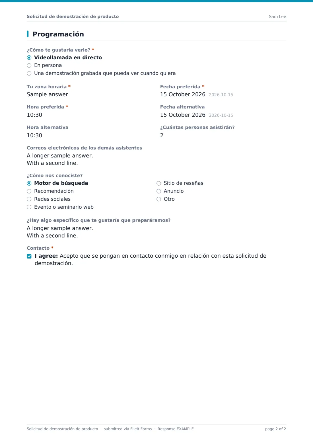 Solicitud de demostración de producto — PDF de respuesta de ejemplo, página 2 de 2