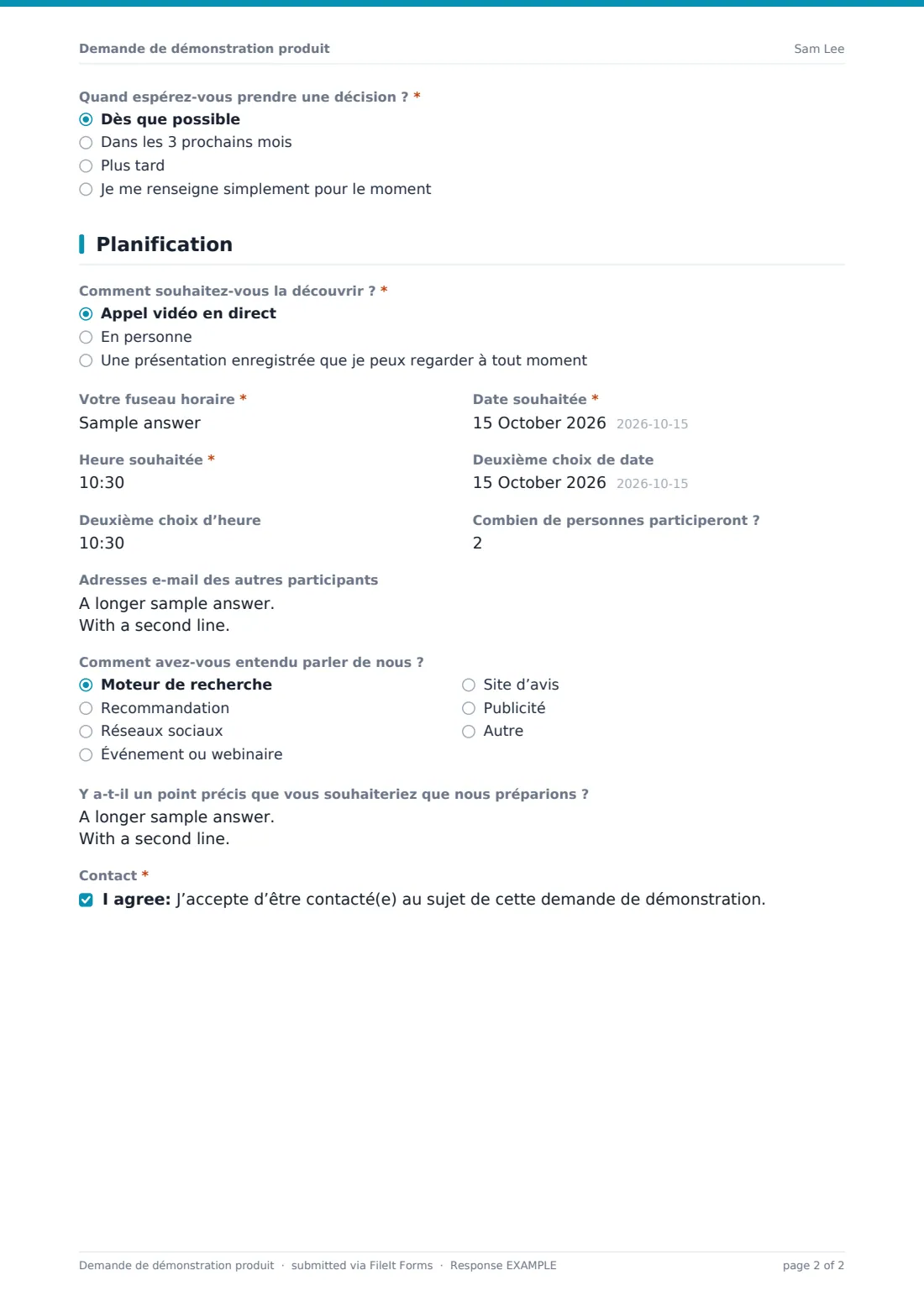 Demande de démonstration produit — exemple de réponse au format PDF, page 2 sur 2