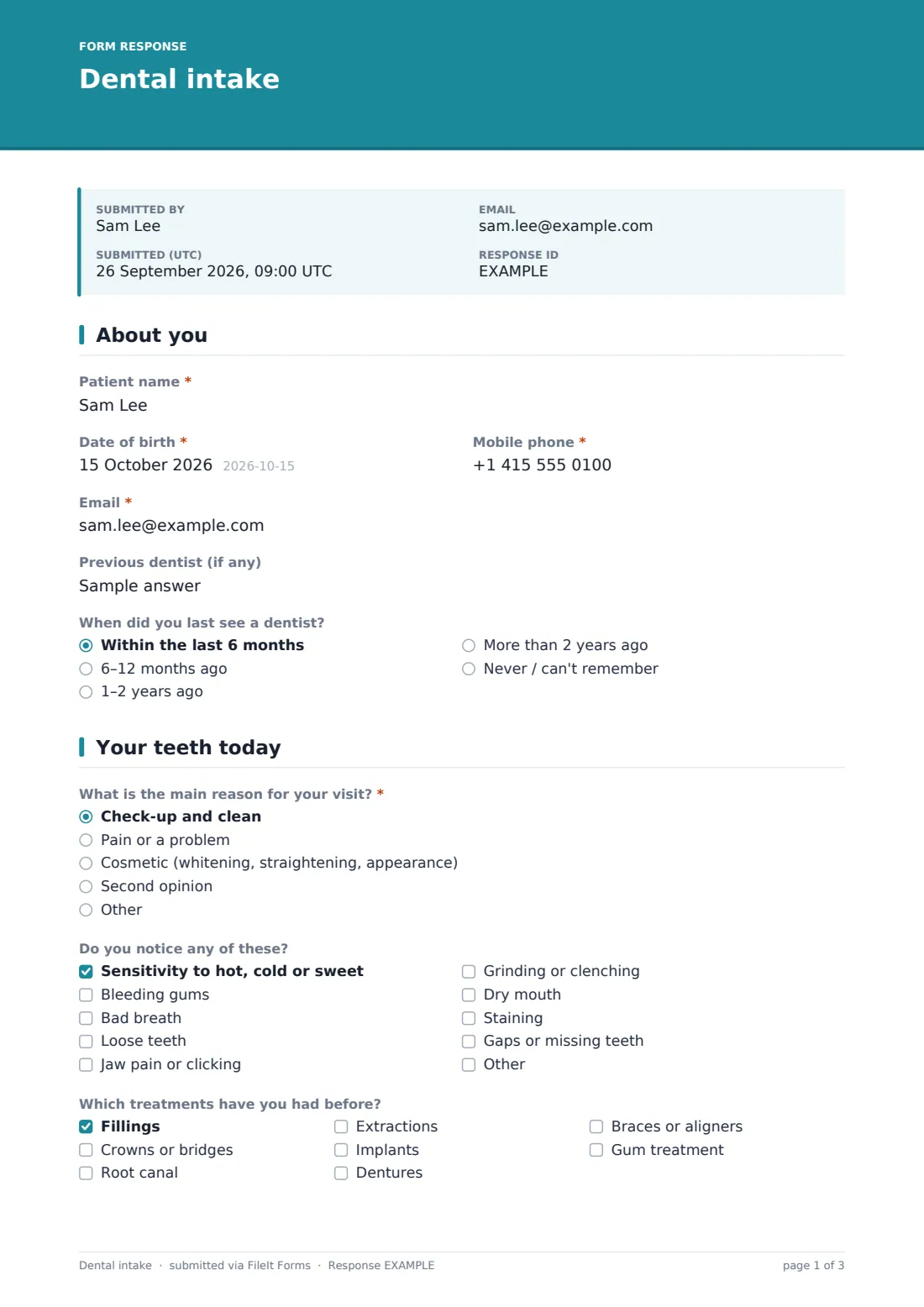 Dental intake — example response PDF, page 1 of 3