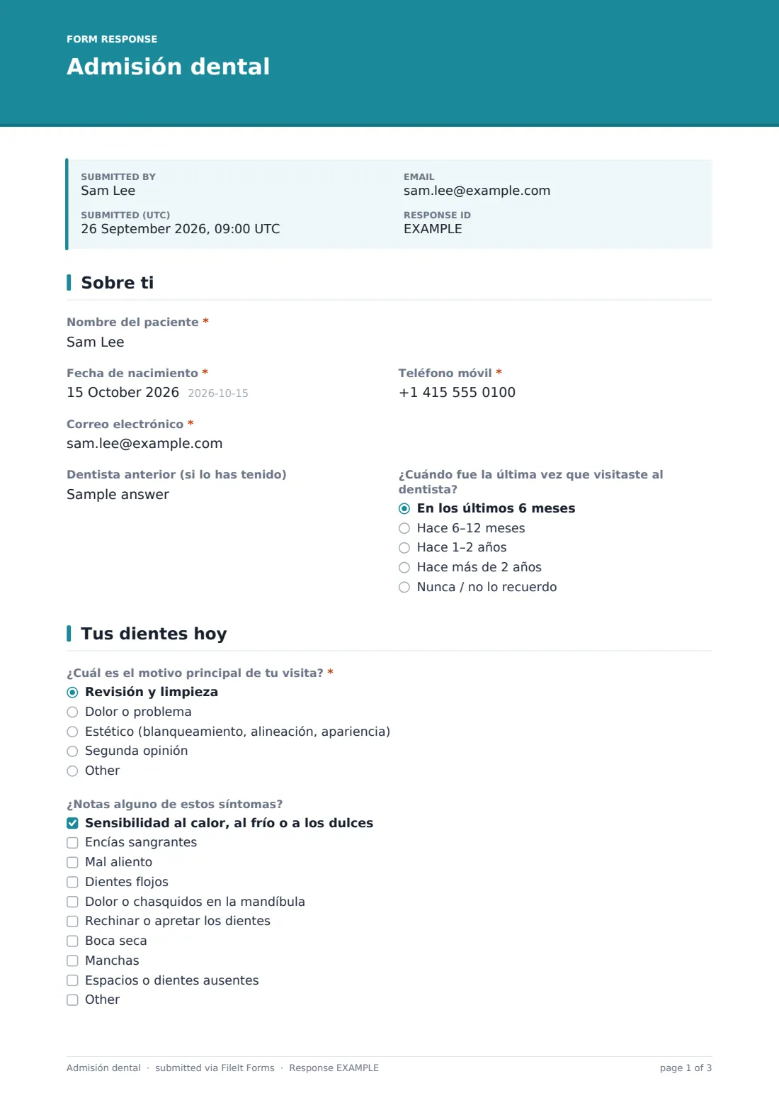 Admisión dental — PDF de respuesta de ejemplo, página 1 de 3