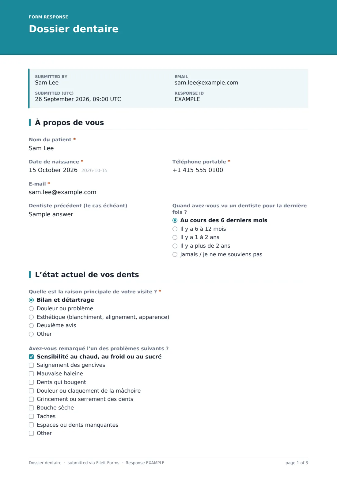 Dossier dentaire — exemple de réponse au format PDF, page 1 sur 3