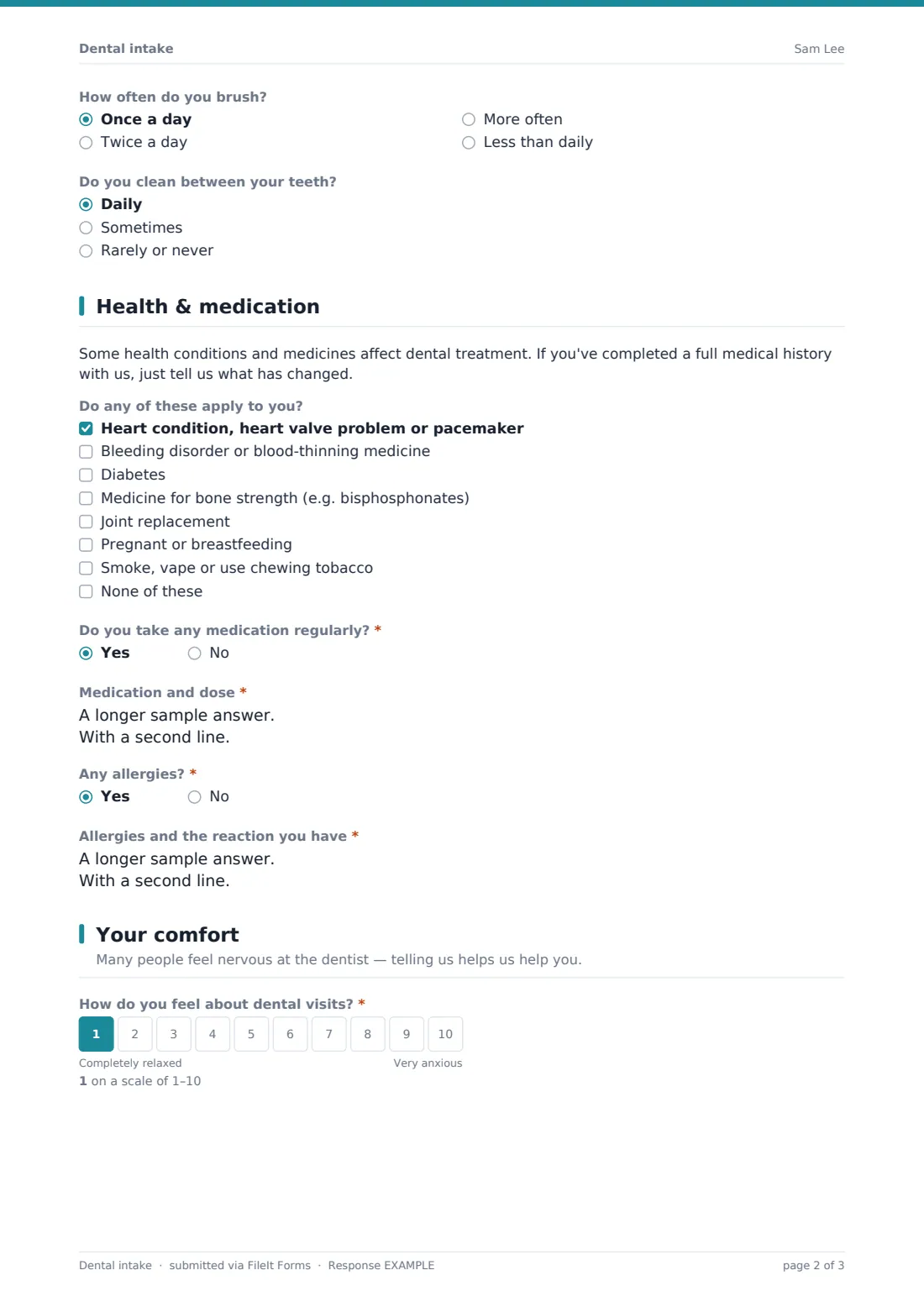 Dental intake — example response PDF, page 2 of 3