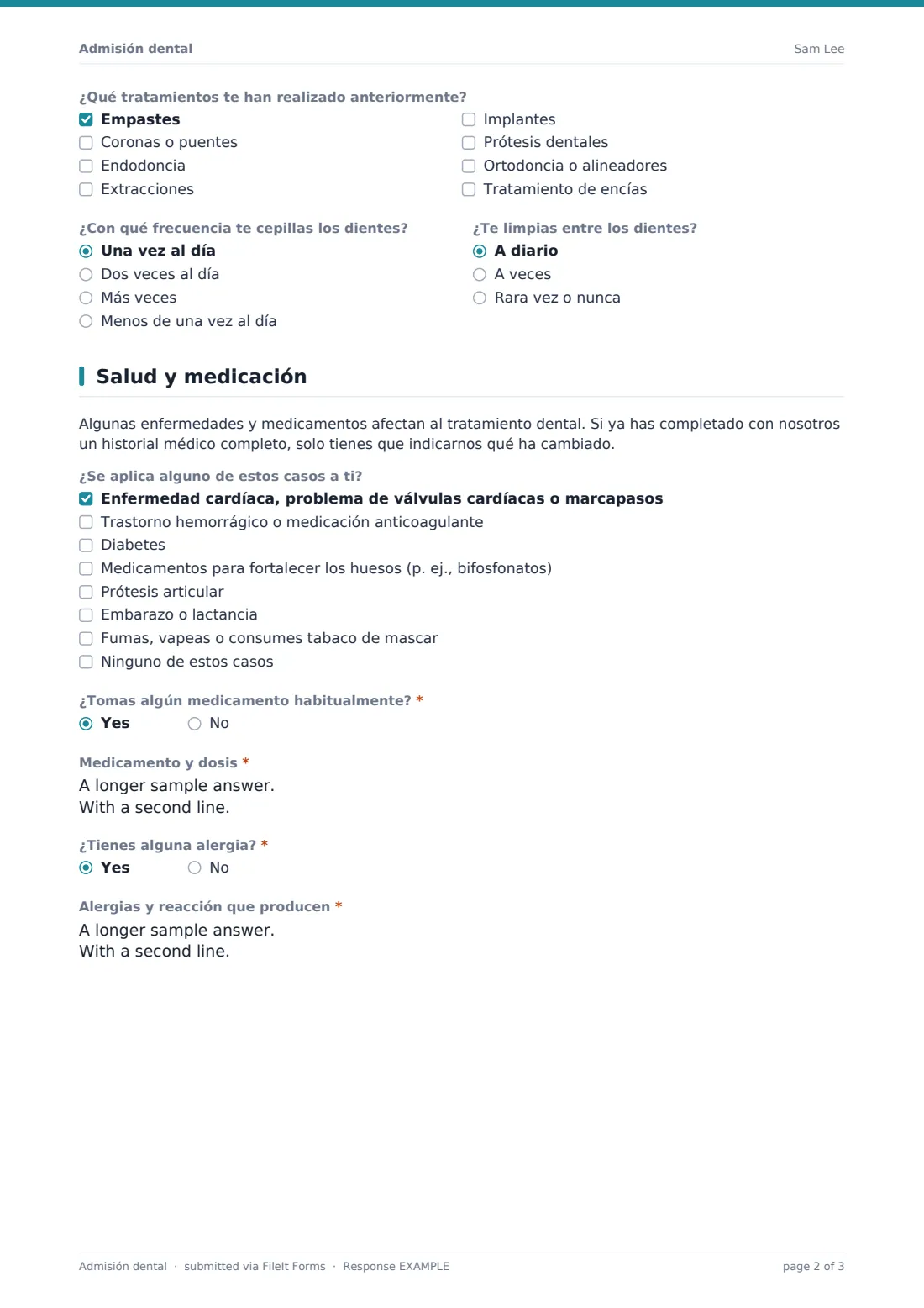 Admisión dental — PDF de respuesta de ejemplo, página 2 de 3