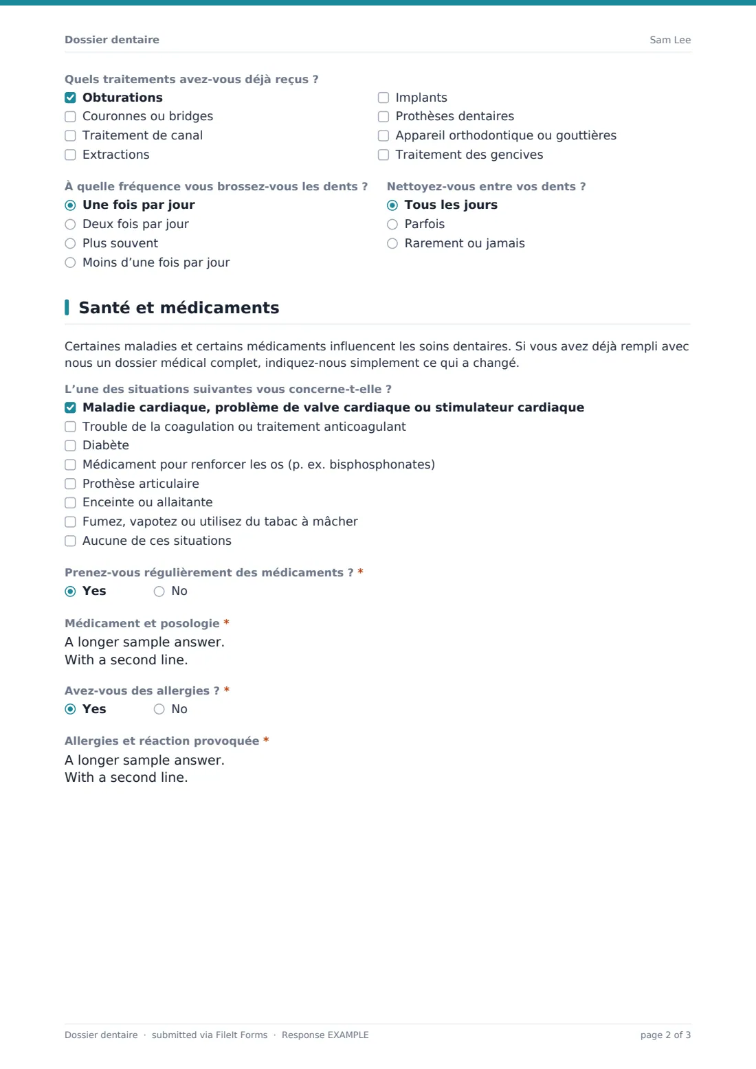 Dossier dentaire — exemple de réponse au format PDF, page 2 sur 3