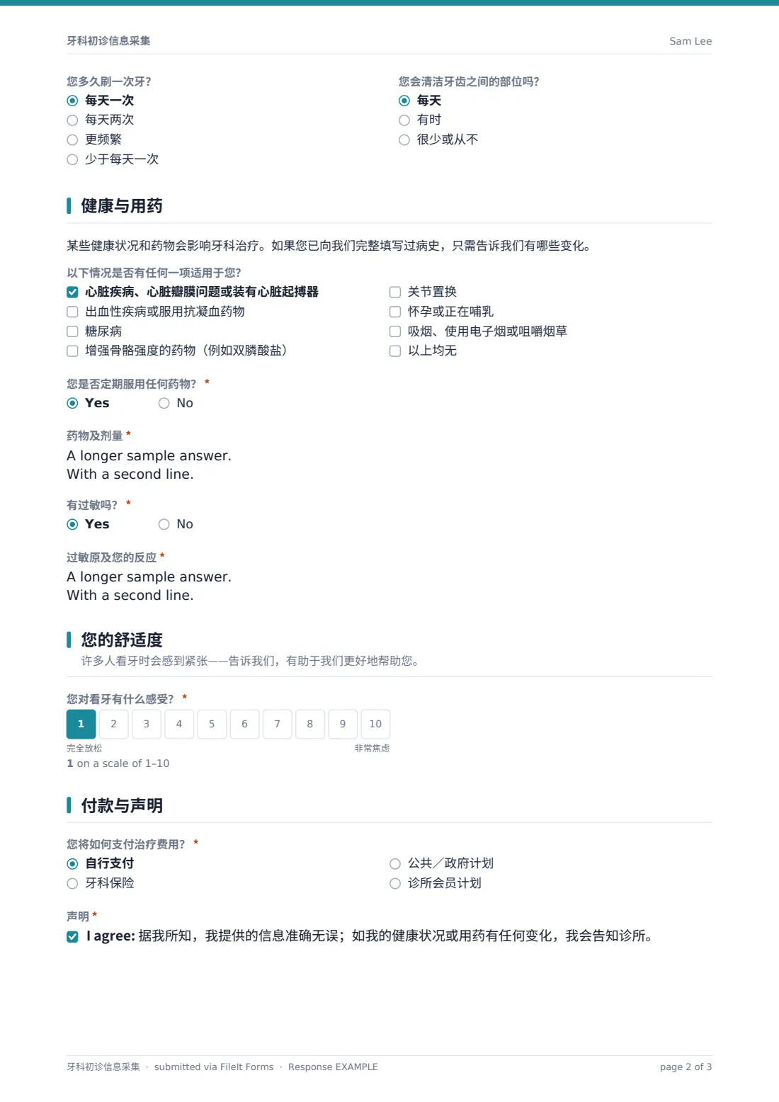 牙科初诊信息采集 — 示例回复 PDF，第 2 页，共 3 页