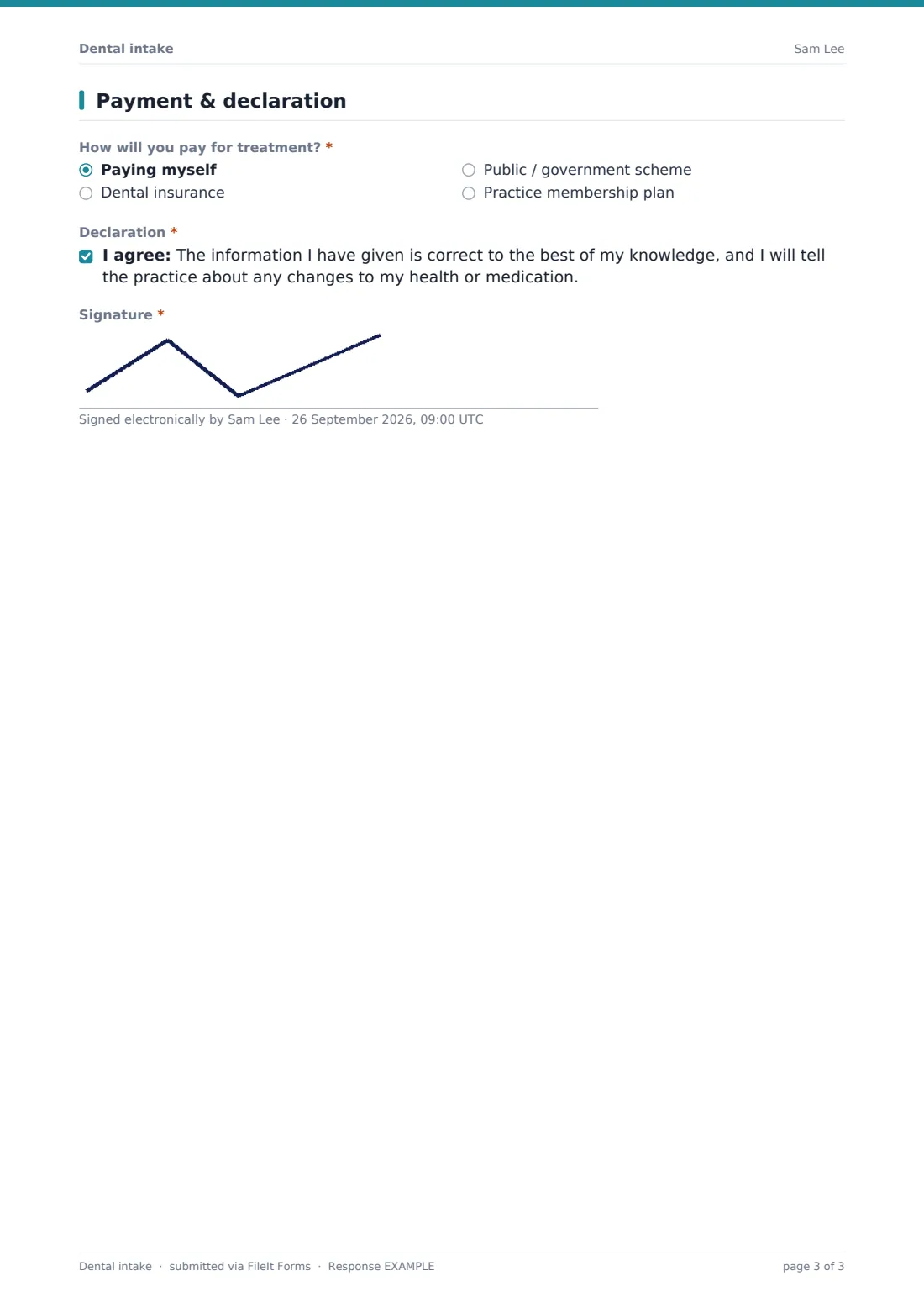Dental intake — example response PDF, page 3 of 3