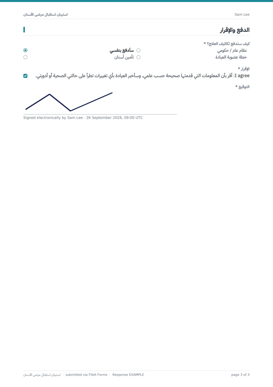 استبيان استقبال مرضى الأسنان — ملف PDF لرد نموذجي، الصفحة 3 من 3
