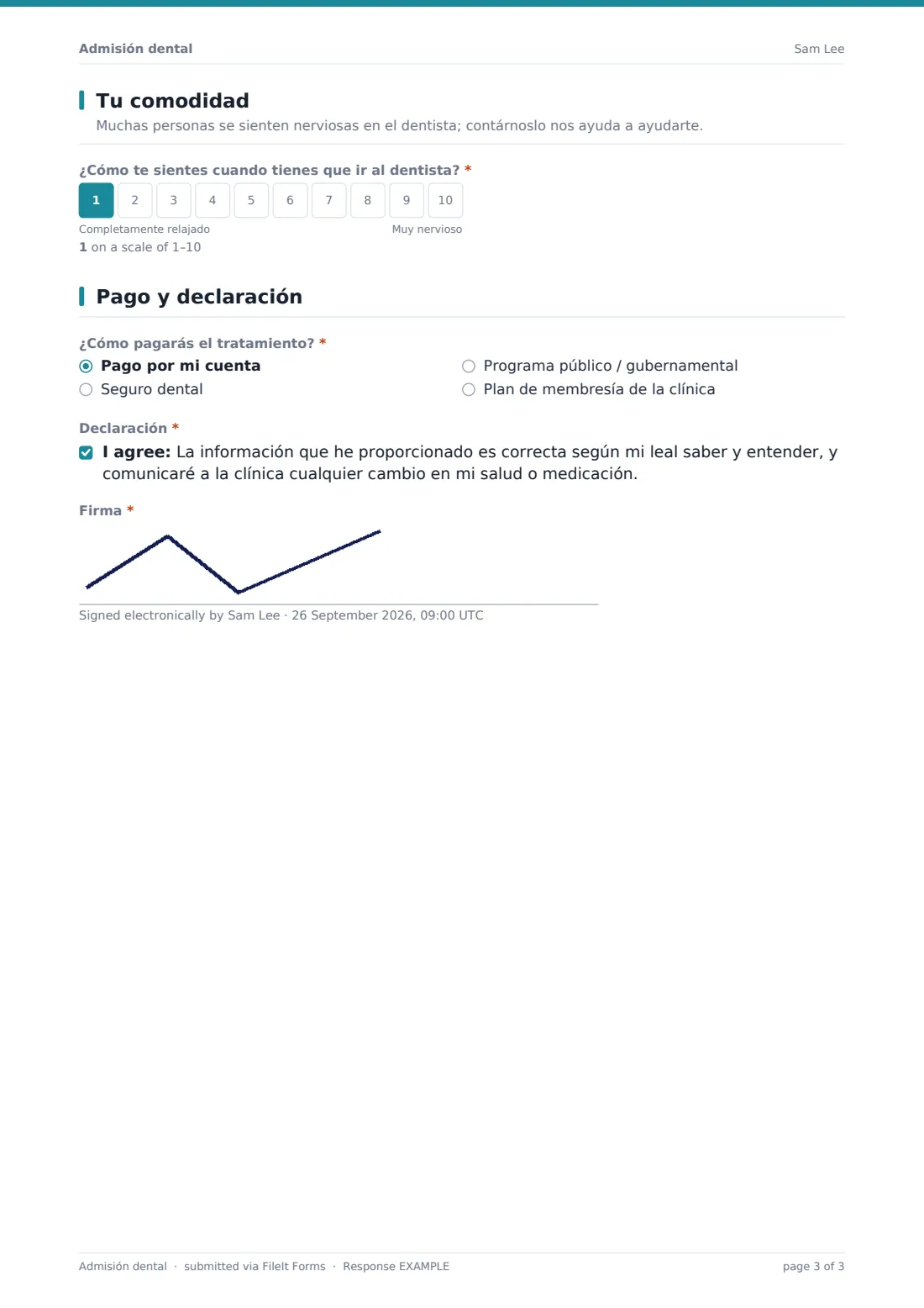 Admisión dental — PDF de respuesta de ejemplo, página 3 de 3