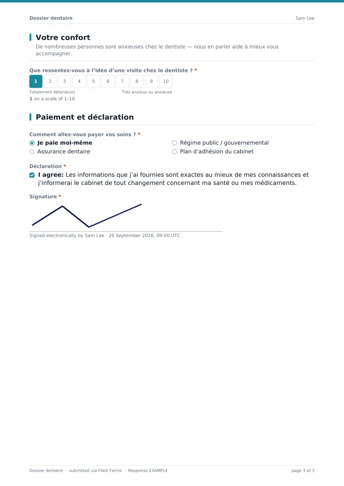 Dossier dentaire — exemple de réponse au format PDF, page 3 sur 3