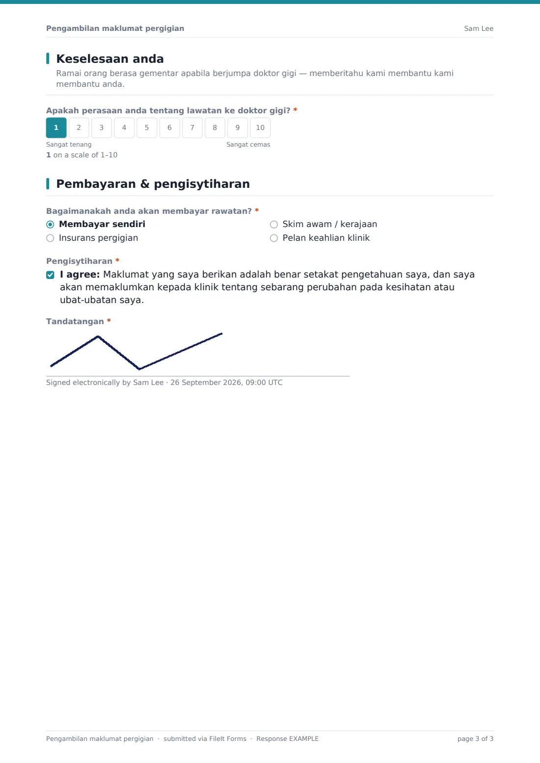 Pengambilan maklumat pergigian — PDF respons contoh, halaman 3 daripada 3