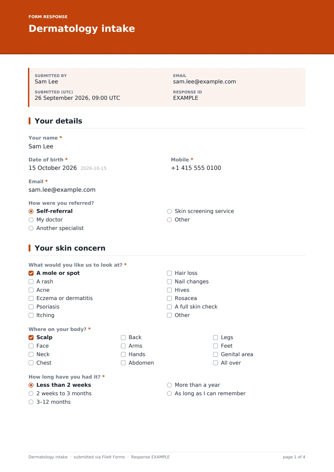 Dermatology intake — example response PDF, page 1 of 4