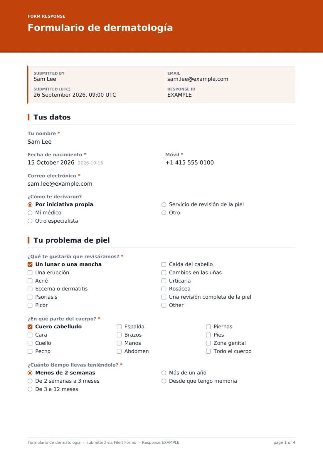 Formulario de dermatología — PDF de respuesta de ejemplo, página 1 de 4