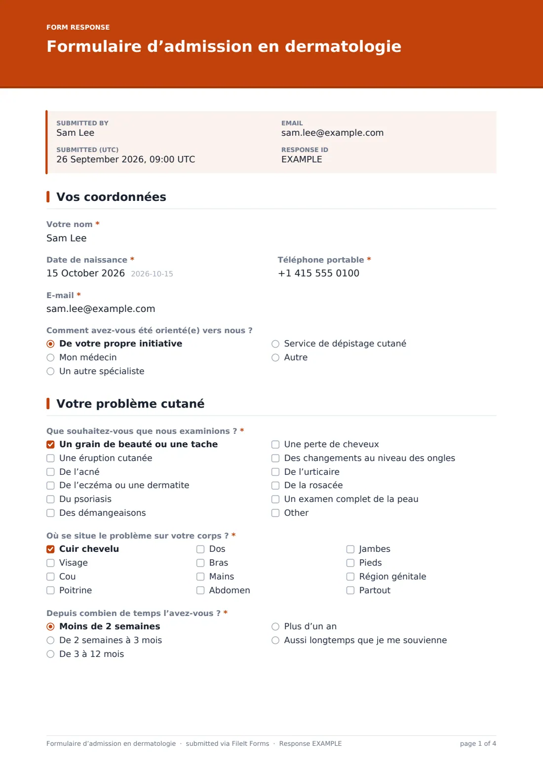 Formulaire d’admission en dermatologie — exemple de réponse au format PDF, page 1 sur 4