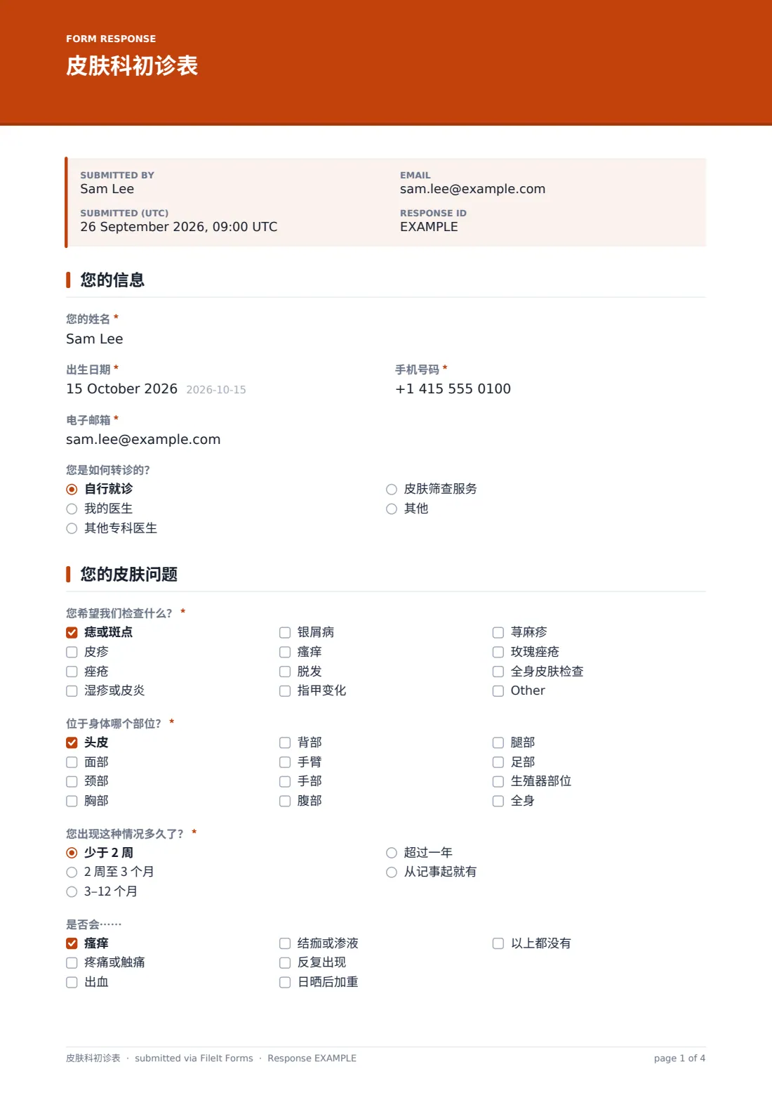 皮肤科初诊表 — 示例回复 PDF，第 1 页，共 4 页