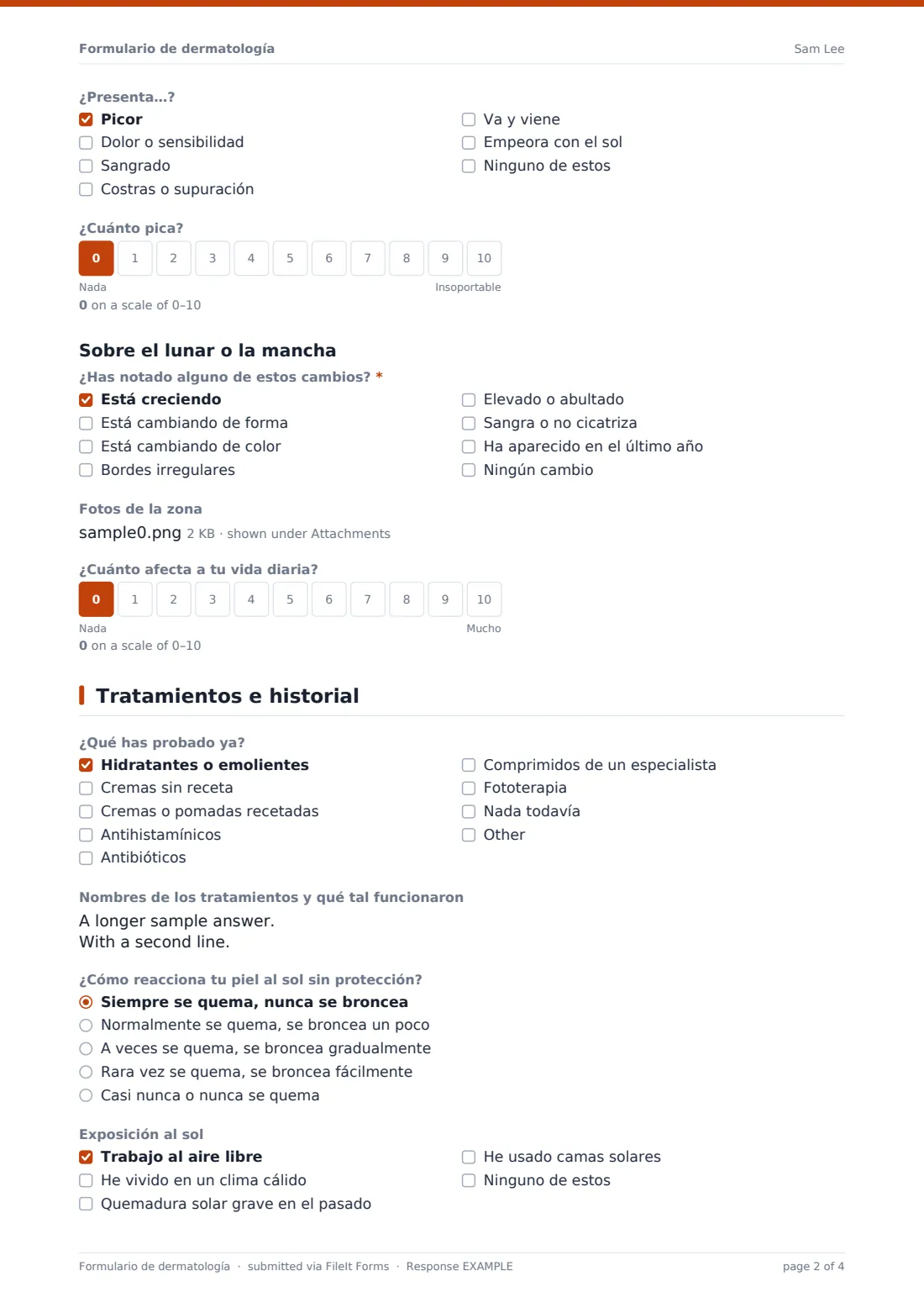Formulario de dermatología — PDF de respuesta de ejemplo, página 2 de 4