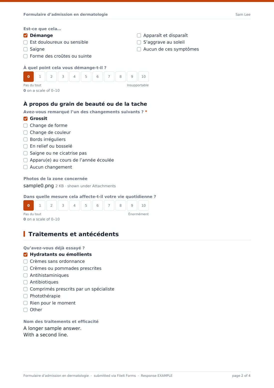 Formulaire d’admission en dermatologie — exemple de réponse au format PDF, page 2 sur 4