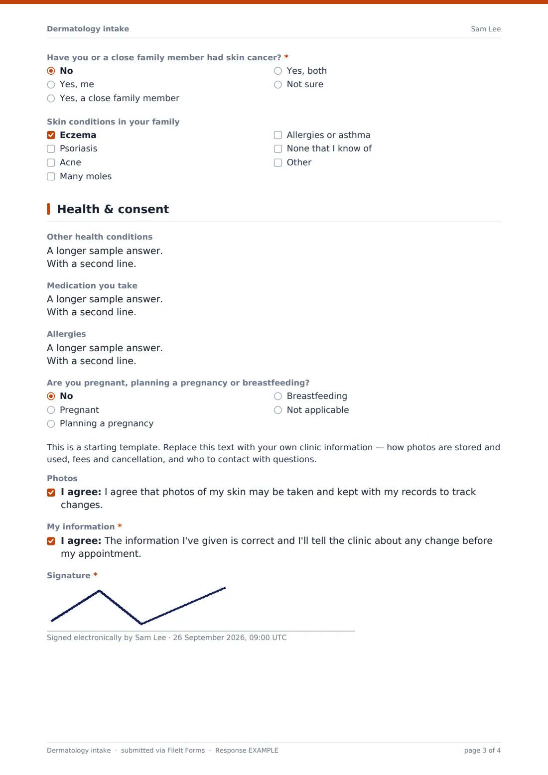 Dermatology intake — example response PDF, page 3 of 4