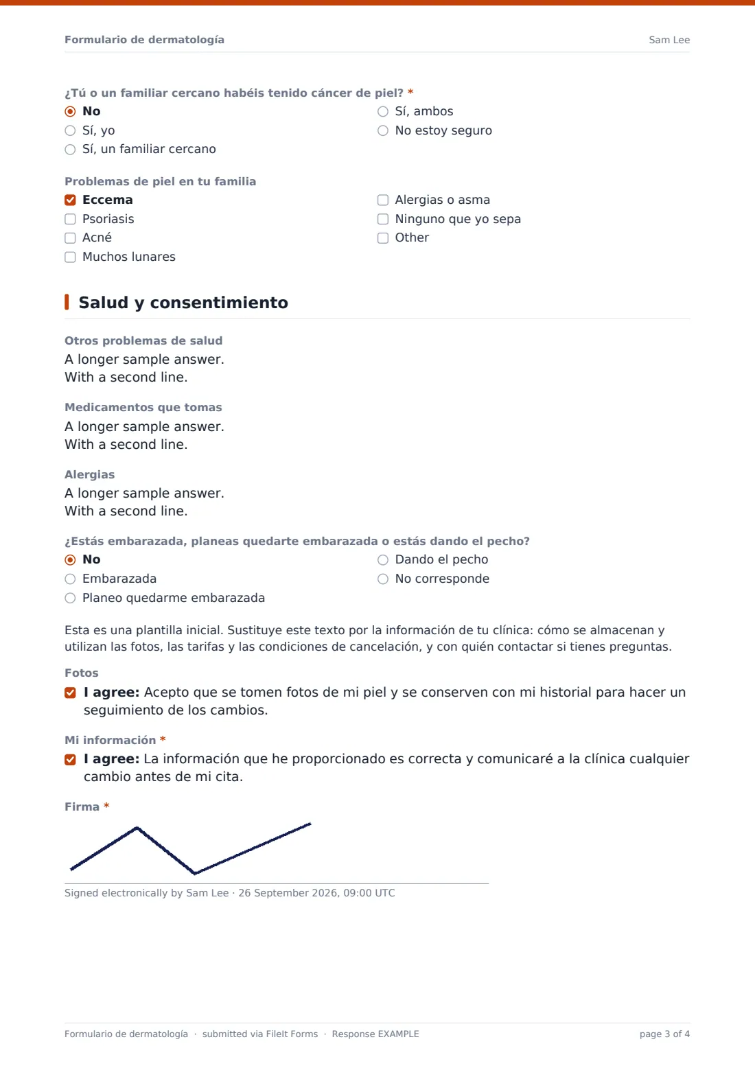 Formulario de dermatología — PDF de respuesta de ejemplo, página 3 de 4