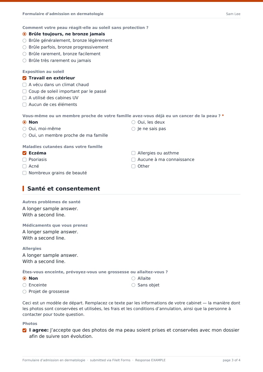 Formulaire d’admission en dermatologie — exemple de réponse au format PDF, page 3 sur 4