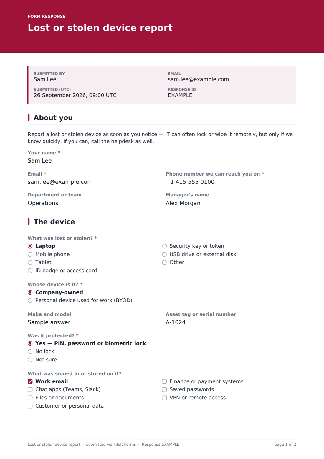 Lost or stolen device report — example response PDF, page 1 of 2