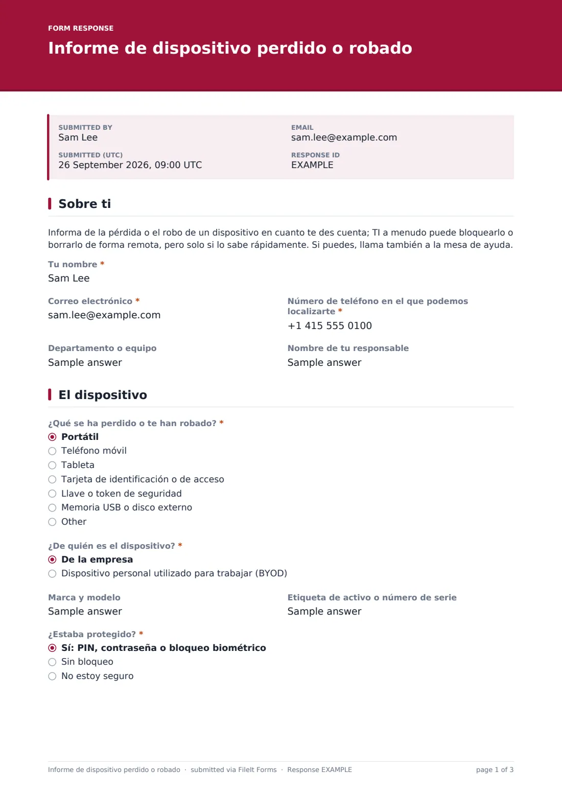 Informe de dispositivo perdido o robado — PDF de respuesta de ejemplo, página 1 de 3